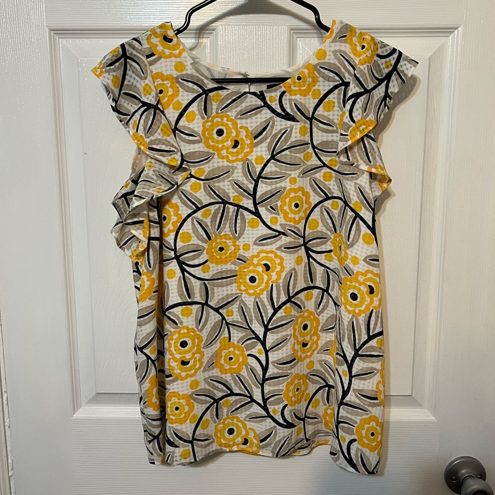 Ann Taylor Factory Yellow Floral Cap Sleeve Blouse